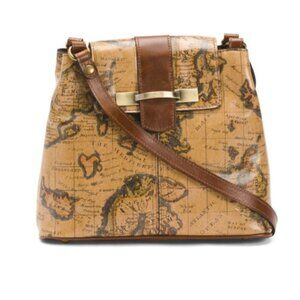 Patricia Nash Larone Leather Shoulder Handbag European Map Tan